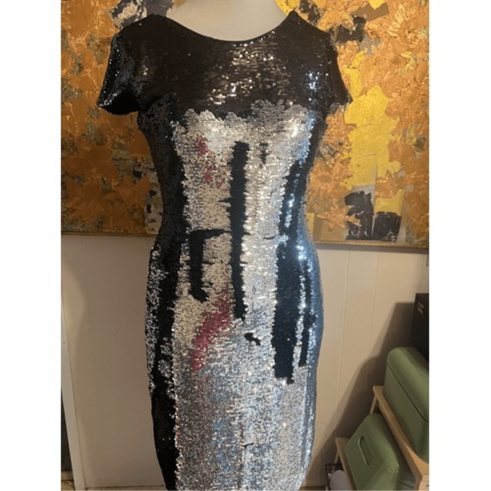 Interactive Renn Sequined Black/Silver Bodycon Cocktail Dress Size XL